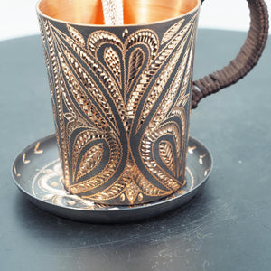 Hand-Hammered Copper Mug and Saucer with Chasing, Braided Handle, Spoon Included