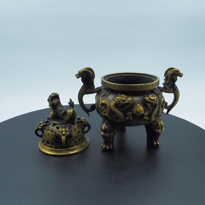 Antique-Style Pure Copper Incense Burner, Double Dragon Playing with Pearl Design