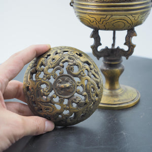 Copper Tiger Pattern Pierced Incense Burner with Candle Upright Base and Storage Holder