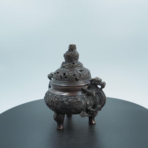 Antique Copper Dragon Incense Burner: Hollow Carved Triangular Design