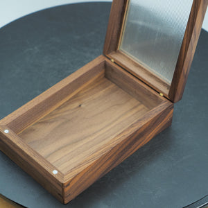 Handmade Black Walnut Keepsake Box: Ribbed Glass Lid, Minimalist Decor