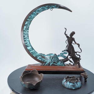Antique Style Copper Incense Burner: Chang'e Moon Fairy Lotus Design