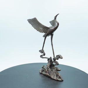 Pure Copper Dancing Crane Figurine, Mountain Cloud and Pine Theme, Finely Polished Craft