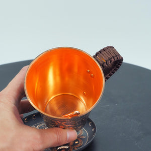 Hand-Hammered Copper Cup and Saucer with Chasing, Braided Handle, Spoon Included