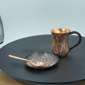 Hand-Hammered Copper Coffee Cup, Chasing Engraved Metal Mug, Braided Handle Artisanal Drinkware