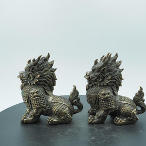 Pair of Pure Brass Armor-Clad Kylin Statues, Feng Shui Doorway Guardians for Home Protection