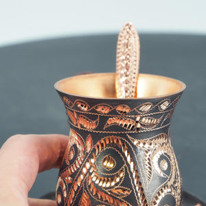 Handmade Engraved Copper Mug with Plate – Boho Vintage Coffee Cup, Unique Artisan Gift