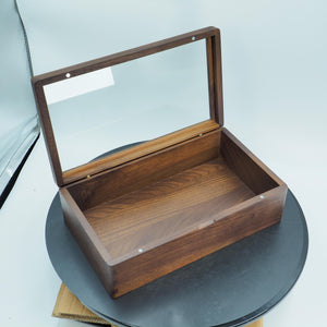 Handcrafted Black Walnut Wood Display Box, Glass Lid Organizer