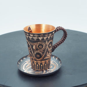 Hand-Hammered Copper Coffee Cup, Chasing Engraved Metal Mug, Braided Handle Drinkware