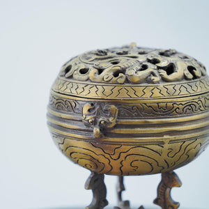 Copper Tiger Pattern Pierced Incense Burner with Candle Upright Base and Storage Holder