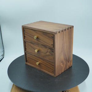 Handcrafted Walnut 3-Drawer Box, Dovetail Joinery, Brass Knobs