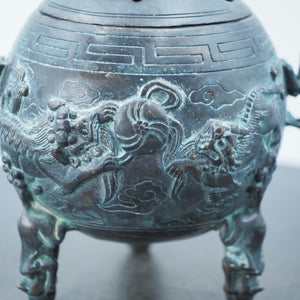 Antique Bronze Lion Dance Incense Burner: Chinese Carved Tripod