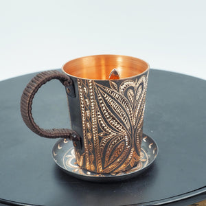 Hand-Hammered Copper Mug and Saucer with Chasing, Braided Handle, Spoon Included