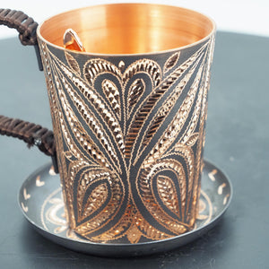 Hand-Hammered Copper Mug and Saucer with Chasing, Braided Handle, Spoon Included