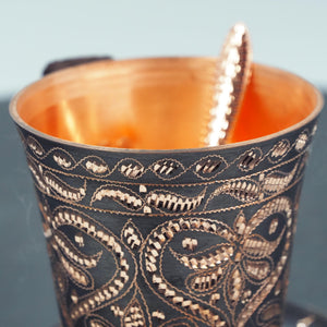 Hand-Hammered Copper Cup and Saucer with Chasing, Braided Handle, Spoon Included