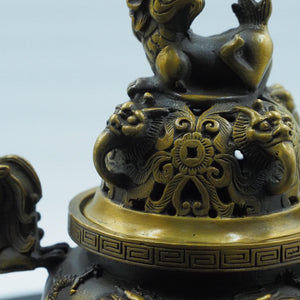 Antique-Style Pure Copper Incense Burner, Double Dragon Playing with Pearl Design