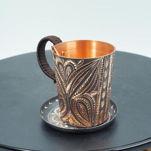 Hand-Hammered Copper Mug and Saucer with Chasing, Braided Handle, Spoon Included