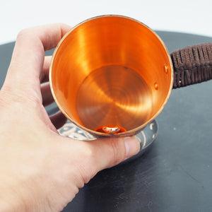 Hand-Hammered Copper Mug and Saucer with Chasing, Braided Handle, Spoon Included