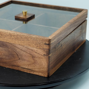 Handcrafted Black Walnut Organizer Box with Glass Lid & Brass Handle