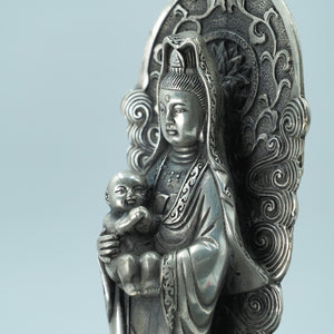 Silver-Plated Copper Guanyin Statue - Vintage Style Backlit Bodhisattva