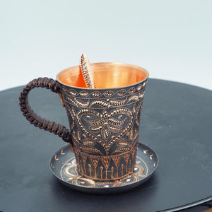 Hand-Hammered Copper Cup and Saucer with Chasing, Braided Handle, Spoon Included