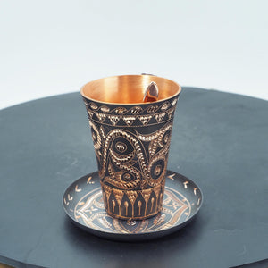 Hand-Hammered Copper Coffee Cup, Chasing Engraved Metal Mug, Braided Handle Drinkware