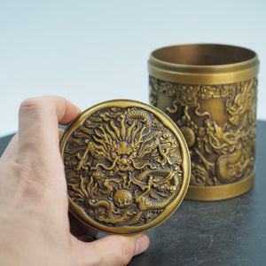 Brass Double Dragon Pen Holder & Storage Jar: Chinese Motif Decor