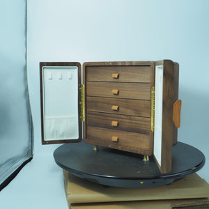 Black Walnut Jewelry Box, Square 5-Layer Organizer, Floral Handle Design