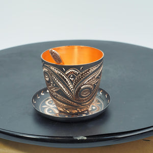 Hand-Hammered Copper Cup and Saucer with Chasing, Decorative Handle, Spoon Included
