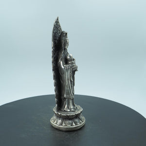 Silver-Plated Copper Guanyin Statue - Vintage Style Backlit Bodhisattva