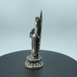 Silver-Plated Copper Guanyin Statue - Vintage Style Backlit Bodhisattva