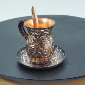 Handmade Engraved Copper Mug with Plate – Boho Vintage Coffee Cup, Unique Artisan Gift