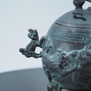 Antique Bronze Lion Dance Incense Burner: Chinese Carved Tripod