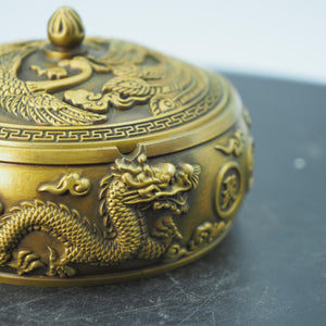 Copper Dragon & Phoenix Ashtray: Antique-Style Relief Decor