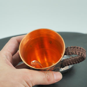 Hand-Hammered Copper Coffee Cup, Chasing Engraved Metal Mug, Braided Handle Drinkware