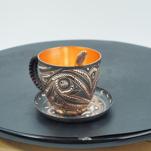 Hand-Hammered Copper Cup and Saucer with Chasing, Decorative Handle, Spoon Included