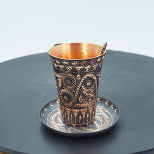 Hand-Hammered Copper Coffee Cup, Chasing Engraved Metal Mug, Braided Handle Drinkware