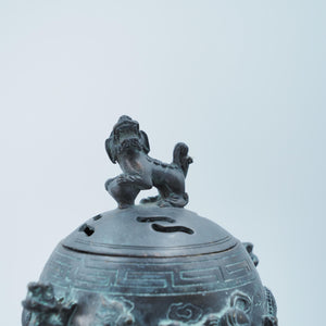 Antique Bronze Lion Dance Incense Burner: Chinese Carved Tripod