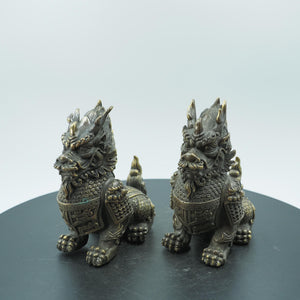 Pair of Pure Brass Armor-Clad Kylin Statues, Feng Shui Doorway Guardians for Home Protection