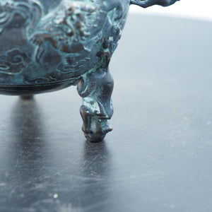 Antique Bronze Lion Dance Incense Burner: Chinese Carved Tripod
