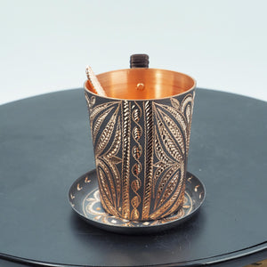 Hand-Hammered Copper Mug and Saucer with Chasing, Braided Handle, Spoon Included