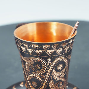 Hand-Hammered Copper Coffee Cup, Chasing Engraved Metal Mug, Braided Handle Drinkware