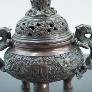 Antique Copper Dragon Incense Burner: Hollow Carved Triangular Design
