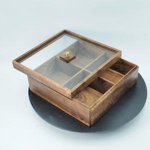 Handcrafted Black Walnut Organizer Box with Glass Lid & Brass Handle