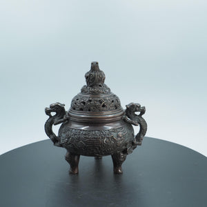 Antique Copper Dragon Incense Burner: Hollow Carved Triangular Design
