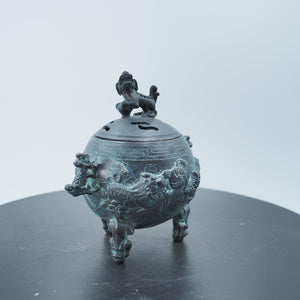 Antique Bronze Lion Dance Incense Burner: Chinese Carved Tripod