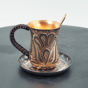 Hand-Hammered Copper Coffee Cup, Chasing Engraved Metal Mug, Braided Handle Artisanal Drinkware
