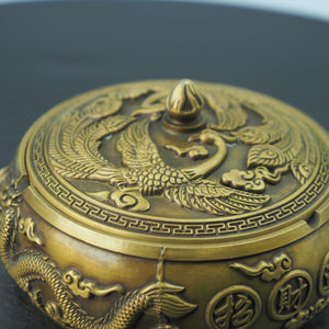 Copper Dragon & Phoenix Ashtray: Antique-Style Relief Decor