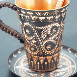 Hand-Hammered Copper Coffee Cup, Chasing Engraved Metal Mug, Braided Handle Drinkware