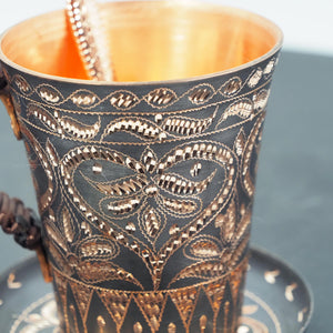 Hand-Hammered Copper Cup and Saucer with Chasing, Braided Handle, Spoon Included